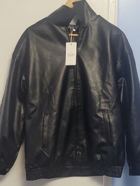 Men's Black Faux Leather Bomber Jacket with Stand Collar